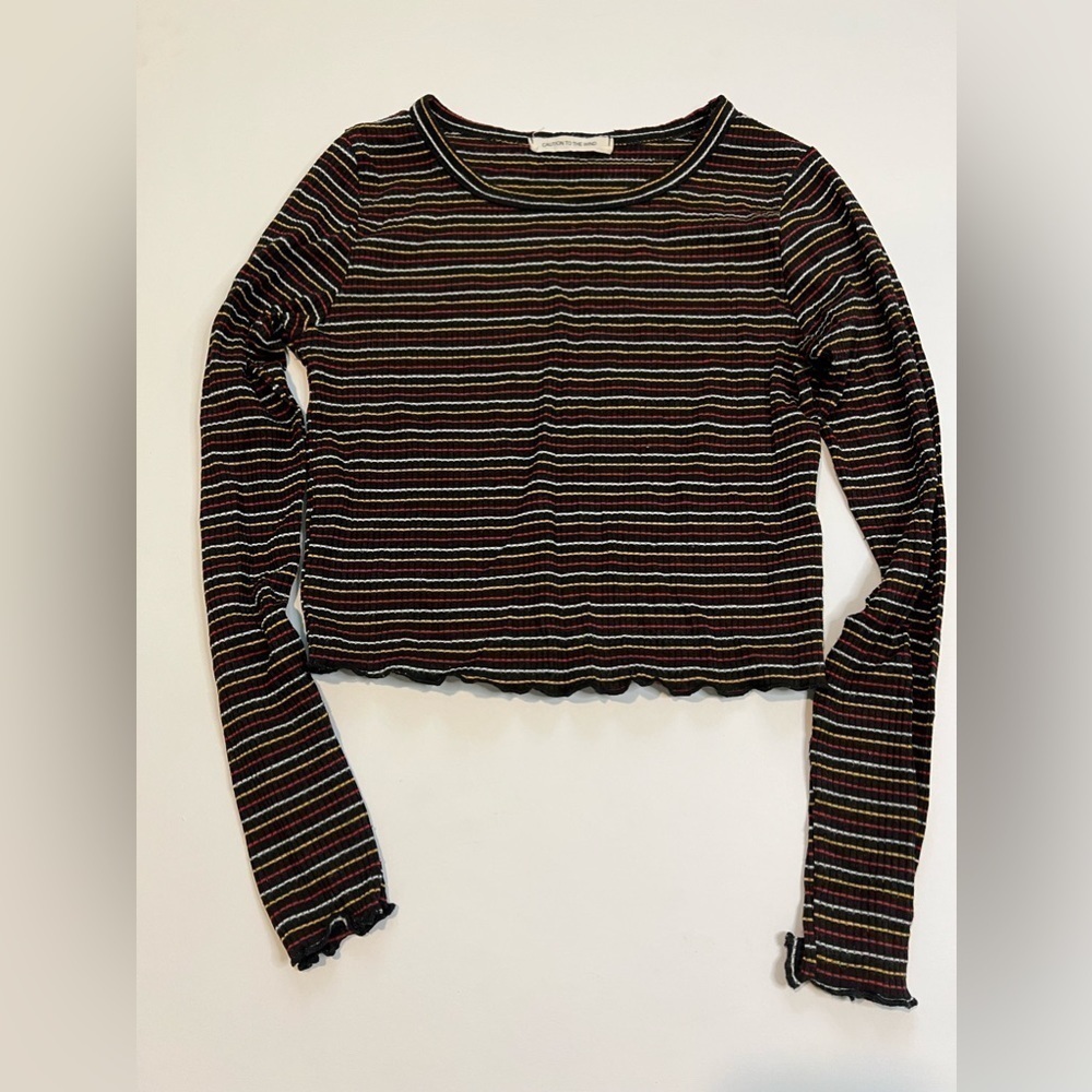 CAUTION TO THE WIND Anthropologie Striped Crop Long Sleeve Top Shirt Stretch